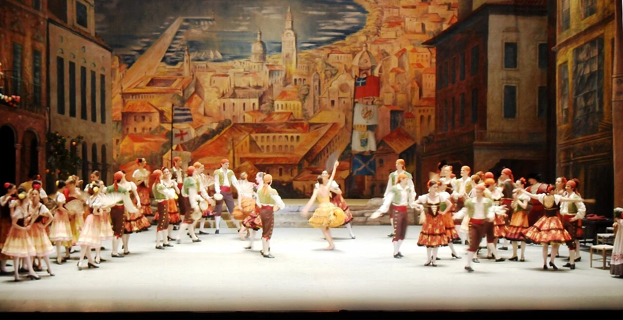 The Bolshoi Ballet ensemble in a Spanish village scene from the first act of Don Quixote.