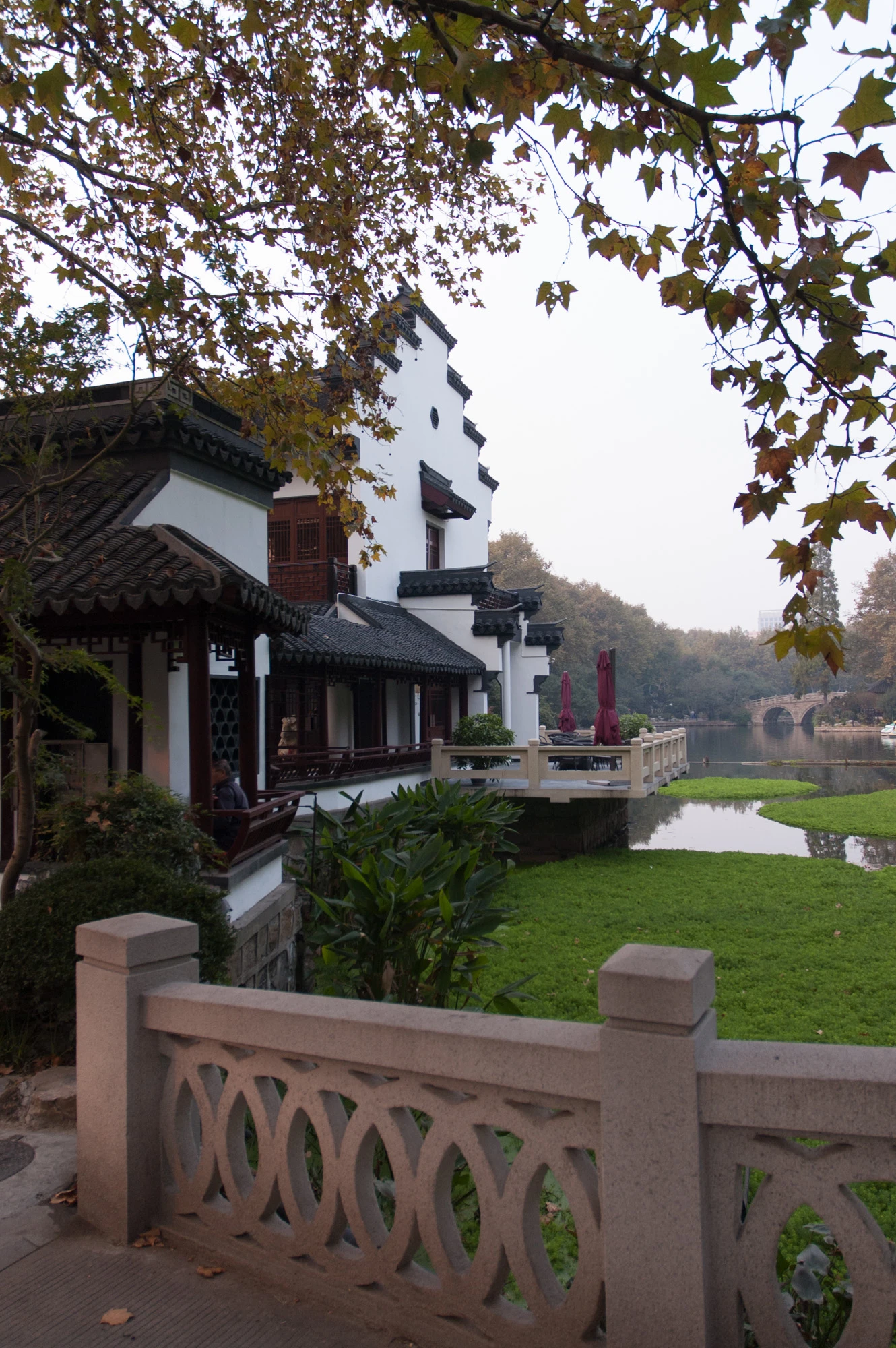 A lakeside building, planting and a bridge in Lu Xun Park