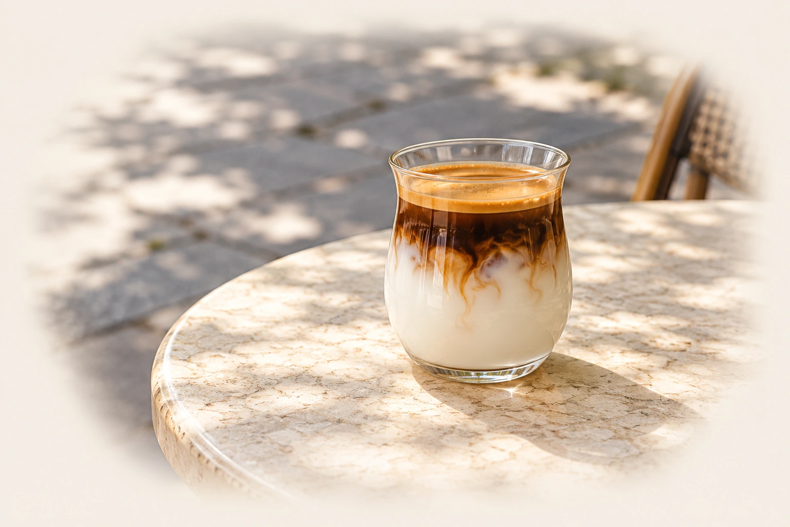 An original illustrative study of espresso layered above milk in a small glass